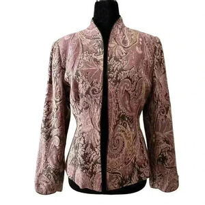 Vintage Tradition Jacquard Blazer Open Front Burgundy Maroon Gold Size 8 Petite